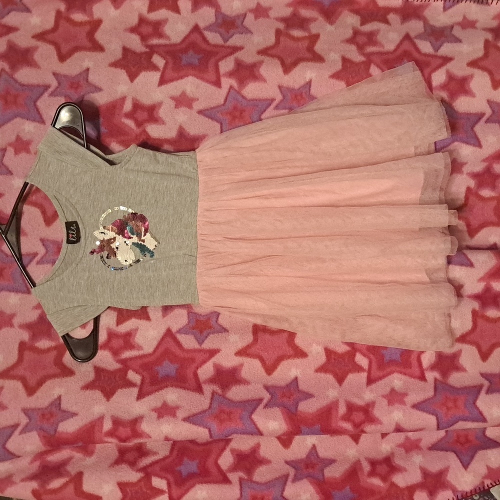 Lilt girls unicorn dress, size 6, grey and pink